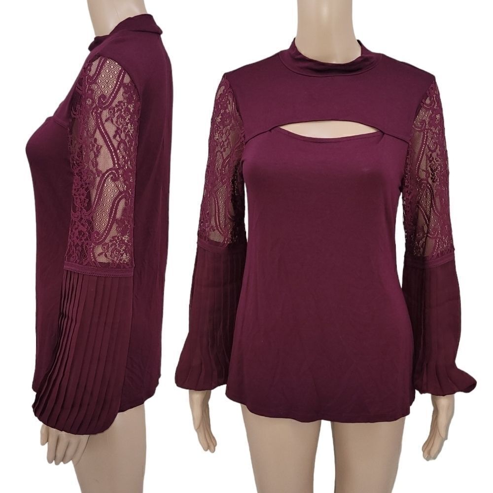 Belldini Black Cherry Lantern Pleat Lace Sleeves Blouse Top Women's Medium